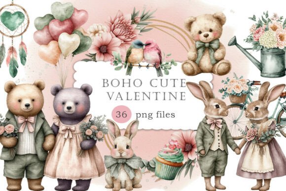 Boho Cute Valentine Watercolor Clipart
