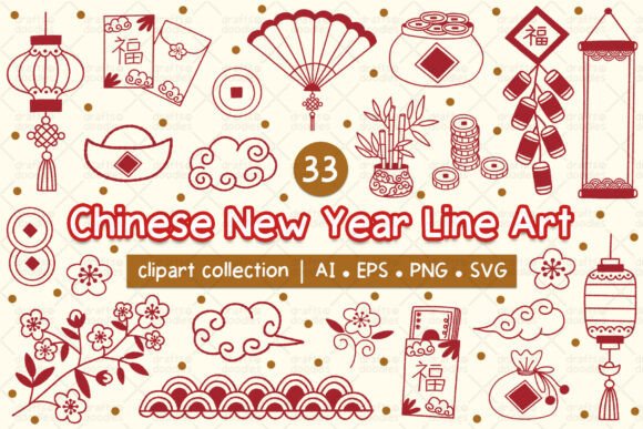 Chinese New Year Line Art Clipart Set