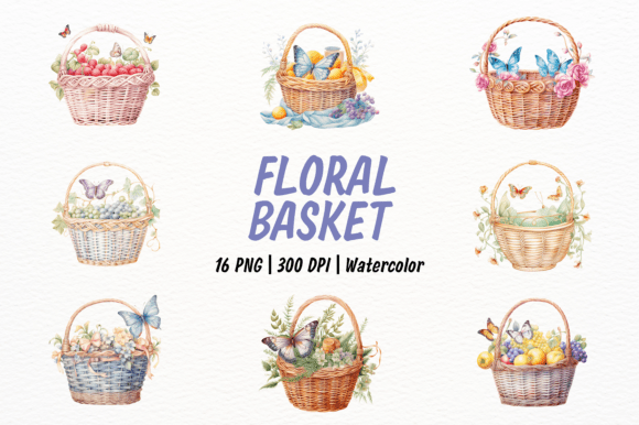 Vintage Basket with Floral Butterfly: Elevating Your Designs with Watercolor Charm