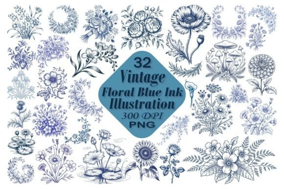 Vintage Floral Blue Ink Illustration: Elevating Creative Projects with Timeless Botanical Art