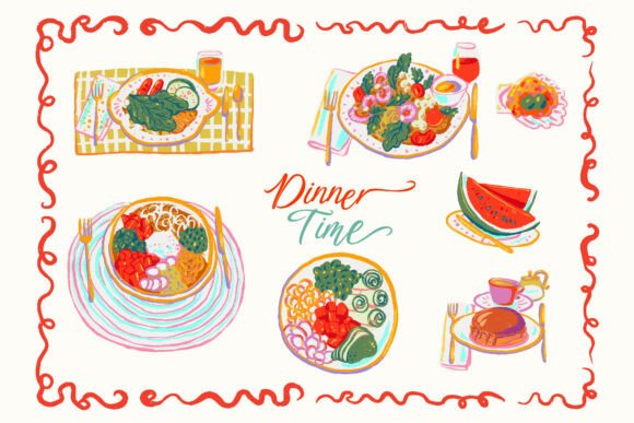Whimsical Hand-Drawn Dinner Time Meal
